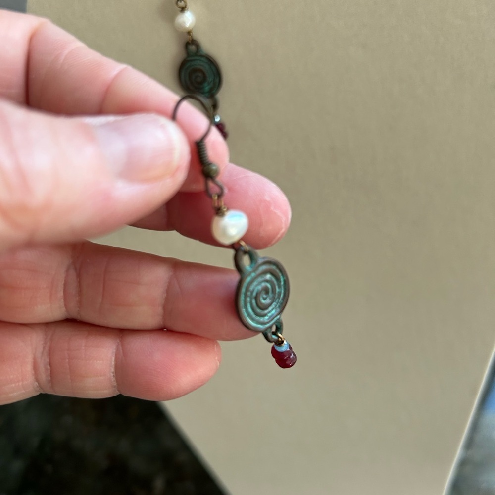 Multi colored earrings. Red bead pearl like bead. Swirl design - Picture 4 of 5